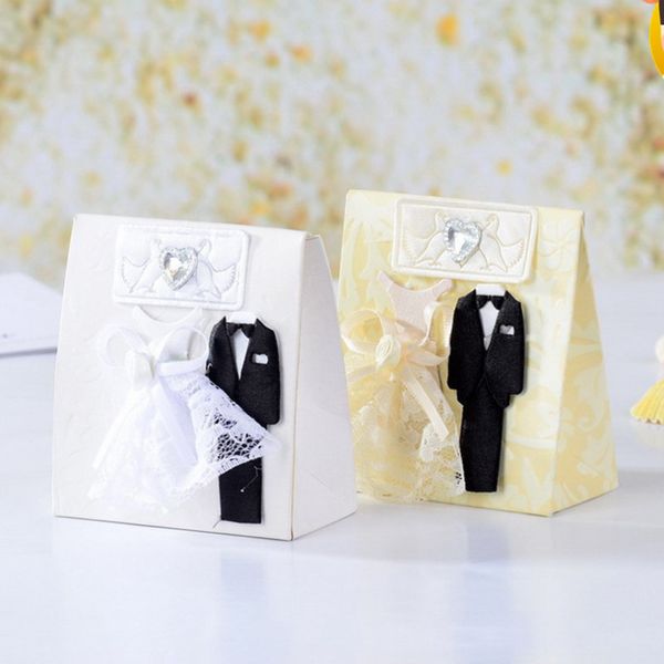 Scatole di nozze per la sposa dello sposo Scatole regalo di caramelle per lo sposo smoking beige bianco Scatole regalo di caramelle per la festa nuziale da 12 pezzi / set