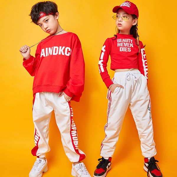 

hip hop dance costumes kids red jazz street dance practice clothes boys long sleeve performance clothing rave outfit dc2928, Black;red