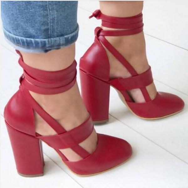 

kolnoo new handmade womens chunk-heel pumps ankle lace-up straps round-toe fashion party prom office evening shoes d008, Black