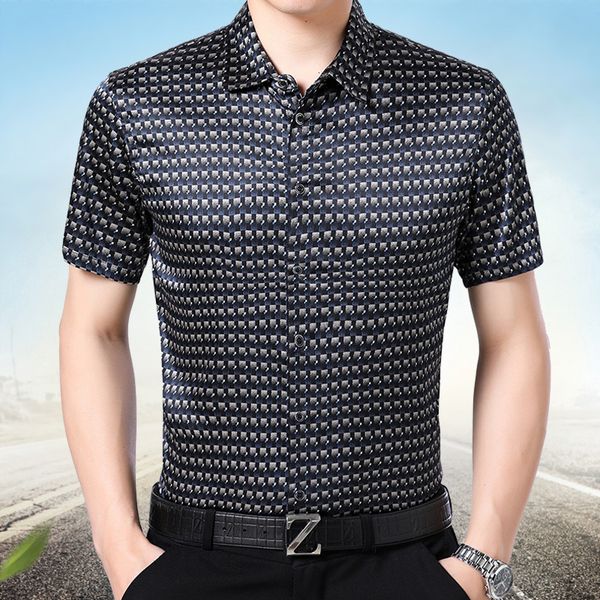 

92% silk short sleeved shirt men's summer thin silk satin shirt, White;black