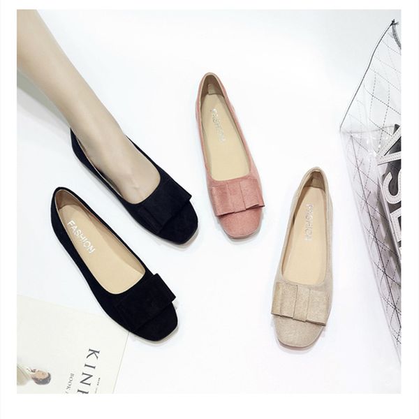 

new wild korean version of suede bow flat shoes shallow mouth square head single shoes soft bottom comfortable work, Black