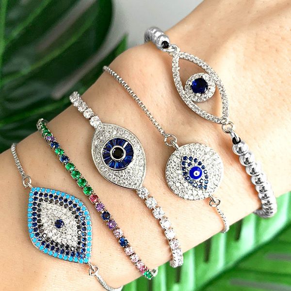 

charm bracelets trendy turkish evil eye bracelet pave turquoises cz blue sliver chains adjustable women female party jewelry gifts, Golden;silver