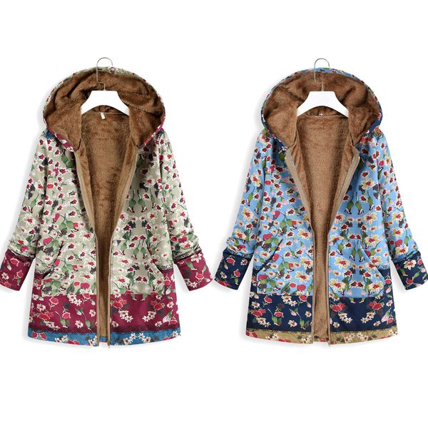 

casual warm thin fleece coat and jacket vintage women's winter floral print hooded coat retro oversized pocket jackets 5xl, Black;brown