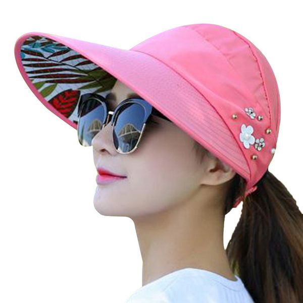 

2018 new summer beach women sun hats uv protection pearl packable sun visor hat with big heads wide brim female cap hot, Blue;gray