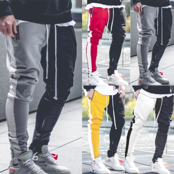 

mens gym slim fit trousers tracksuit bottoms skinny sports zip sweat track pants casual gym slim sports fit trousers, Black