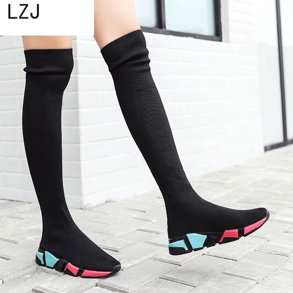 

lzj elastic over the knee boots women socks black boots long thigh high slim knitting sneakers platform designer shoes