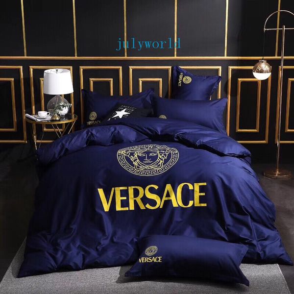 Queen Fashion Goddess Bed Cover Suit Simple Pure Color Navy