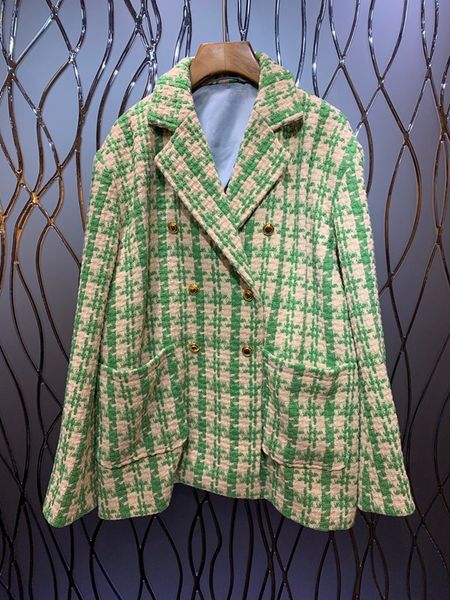 

2019 early autumn new women's suit collar double-row button lattice matching colored knitted long sleeve short jacket 716, Black;brown