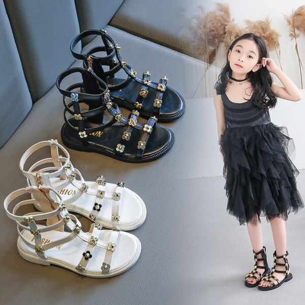 

girls gladiator sandals 2020 new fashion summer children soft anti-slip princess shoes little kids rivets flower shoes t200427, Black;red