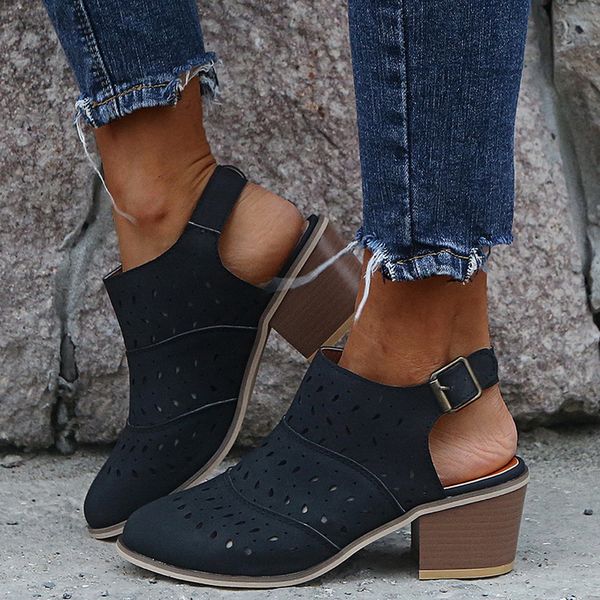 

puimentiua summer square heel womens sandals leather shoes woman casual rome no peep toe sandalias mujer high heels chaussures, Black