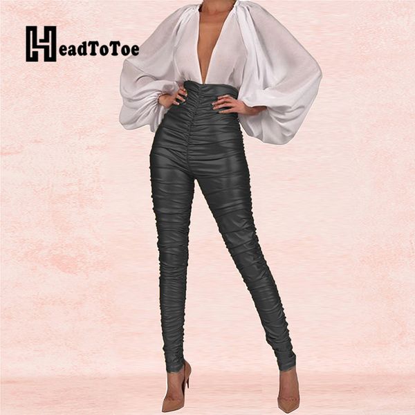 

women's pants & capris women high waist pleated skinny ladies glitter ruched pencil party clubwear, Black;white