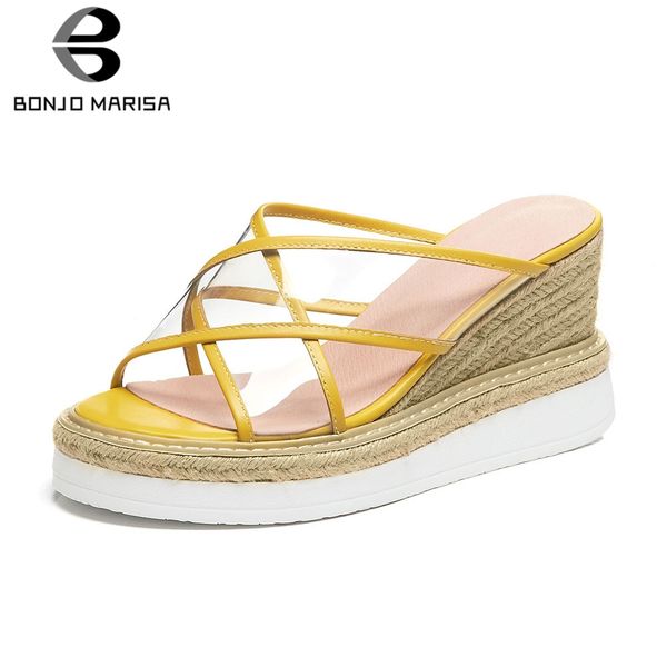 

bonjomarisa brand design genuine leather summer slippers shoes ladies wedges high heels platform shoes woman casual slpppers, Black