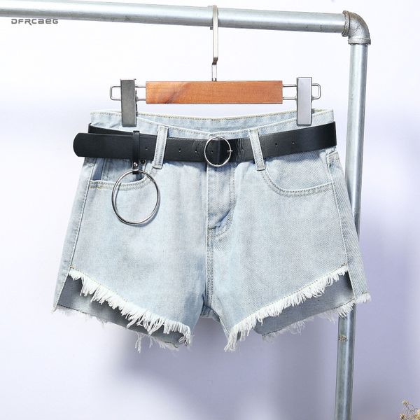 

high waist irregular women's denim short with belt summer chic retro loose jeans short female black blue, White;black