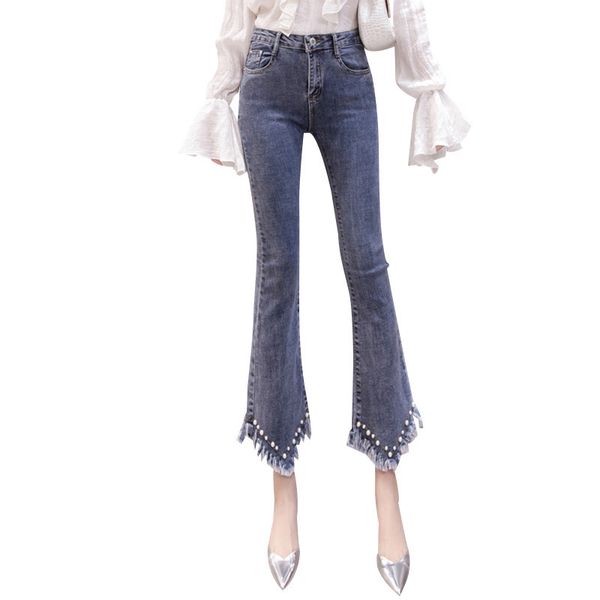 

women's jeans 2021 spring summer fashion high waist tassel beading denim pants slim stretch trumpet nine trousers y423, Blue