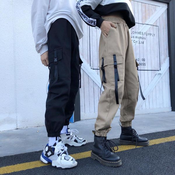 

new korean fashion women's clothing harajuku hip hop ulzzang solid bf ribbon loose high couple cargo pants women streetwear fall, Black;white