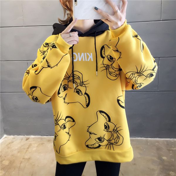 

the king in a hooded lion's autumn and winter streetwear drop shoulder sweatshirt kawai oversize yellow hoodie coat, Black
