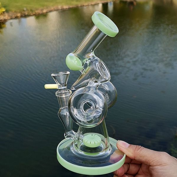 8 poli mini duplo reciclador de vidro bongs slitted donut perc plataformas green roxo tubos de água de vidro de vidro com 14mm articulação feminina