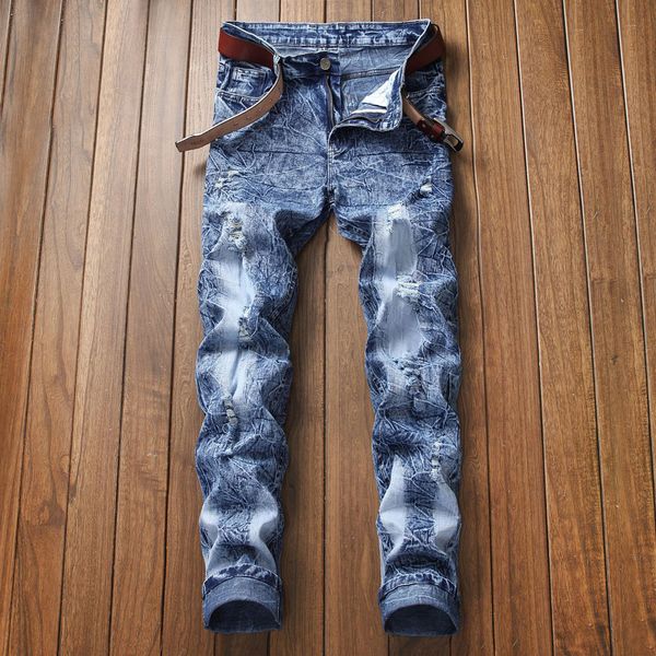 

men jeans ripped design fashion men's printed denim cotton vintage wash hip hop work trousers jeans zipper skinny for men, Blue