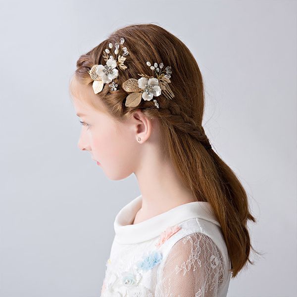 

one pair golden leaves hair combs for girls handmade headpiece ornaments children pageant birthday party hairwear comb gifts new, Golden;white