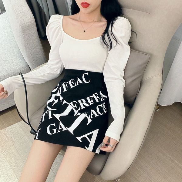 

2020 korean style skirts letter print high waist wild a line skirt fashion women hip mini skirt women cool clothing, Black
