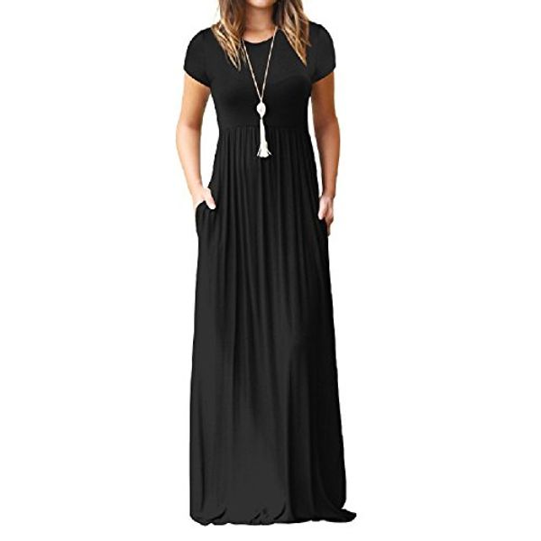 

primoda women's casual maxi dress with pockets plain loose swing short sleeve t-shirt long dresses, Black;gray