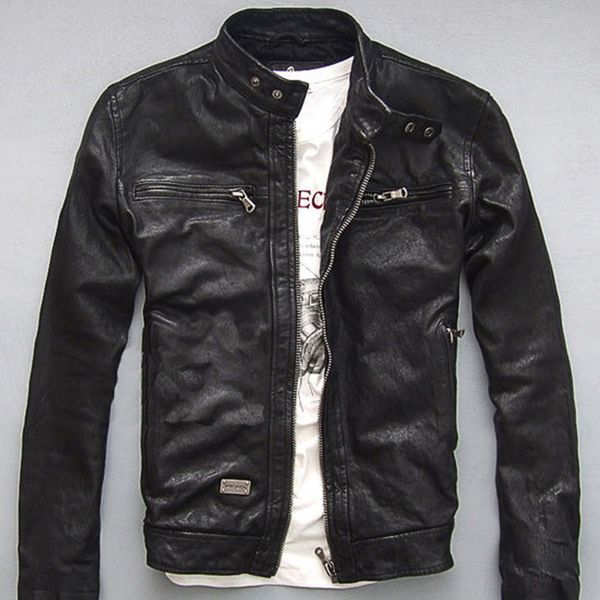 

2019 autumn spring factory men leather jacket genuine real sheep goat skin brand black male bomber motorcycle biker man's coat