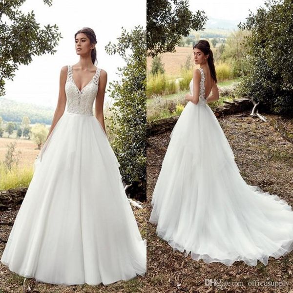 

new gorgeous a line wedding dresses 2020 open low back lace appliqued floor length boho long bridal gowns vestidos de novia, White