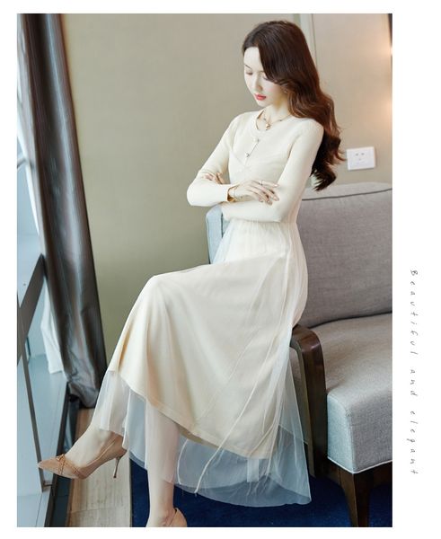 

mesh stitching knit dress 2019 autumn and winter new waist slimming french niche temperament super fairy sweater skirt, Black;pink