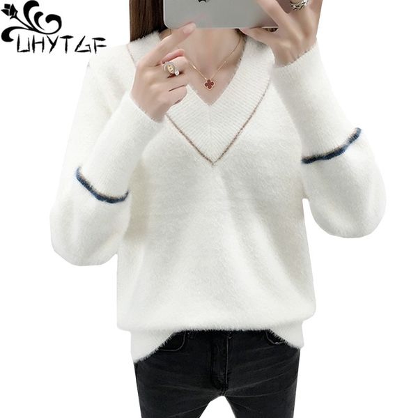 

uhytgf autumn winter sweater women mink cashmere v-neck pullover warm sweaters female knitted short plus size pull femme 620, White;black