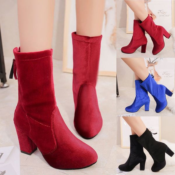 

jaycosin women's fashion ladies solid flock thick high heel zipper boots casual shoes 2019 new july 16 p30, Black