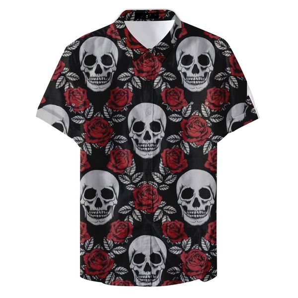 

2019 new summer pattern man skull and rose printed casual shirt, White;black