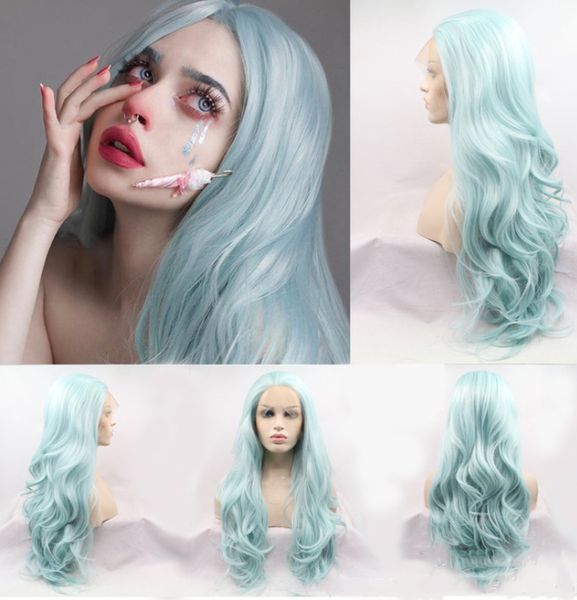 

heat resistant hair wigs mint green mermaid body wave hair synthetic lace front wig for women christmas cosplay wigs, Black