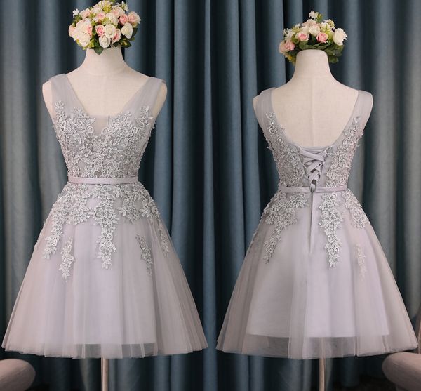 

short a line silver homecoming dresses v neck lace appliqued lace-up prom gowns bridesmaid cocktail dresses dh133, Blue;pink