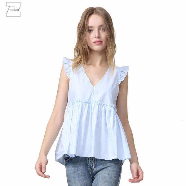 

women elegant ruffled blouses v neck back tie sleeveless pleated shirt bow ladies casual sweet chic blusas wa014, White