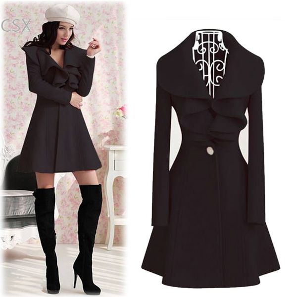 

selling korea lady women's elegant ruffles collar slim fit long wool trench coat winter outwear overcoat 4 size b6, Tan;black