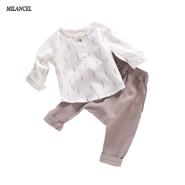

milancel spring kids boys clothes set casual children's set soft linen baby boy spring leaf & harem pants kids, White