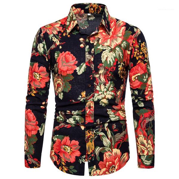 

shirts casual lapel neck males clothing floral print mens designer shirts fashion long sleeve single breasted mens, White;black