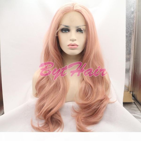 

bythair heat resistant fiber glueless natural hairline body wave hair fully wigs for women mixed pink synthetic lace front wig, Black