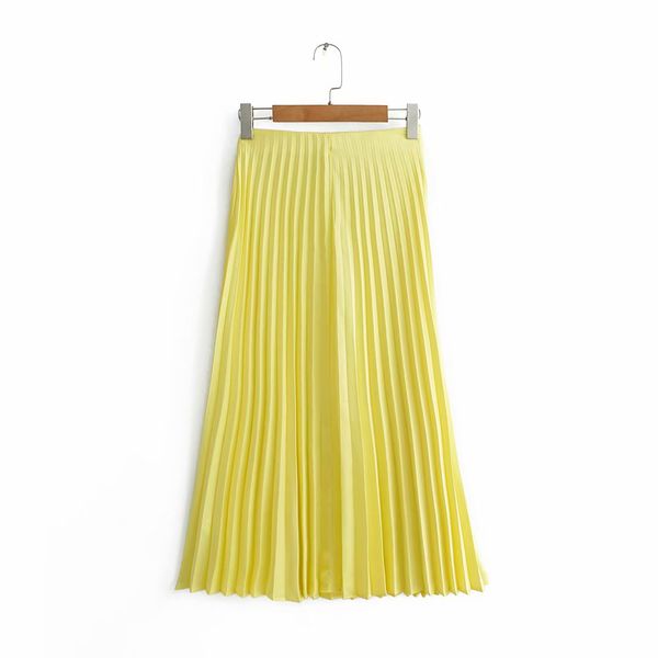 

new women fashion solid color pleated midi skirt faldas mujer ladies side zipper casual chic brand yellow skirts qun366, Black