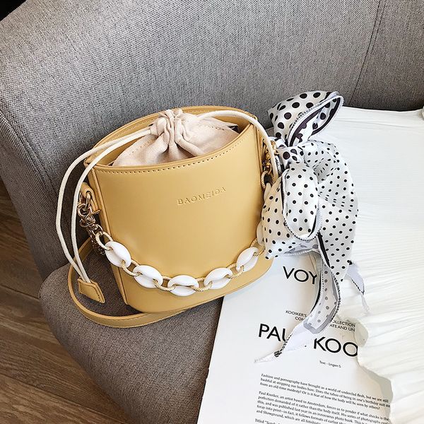 

2019 new candy-colored bucket bag wave silk scarf chain shoulder slung bag