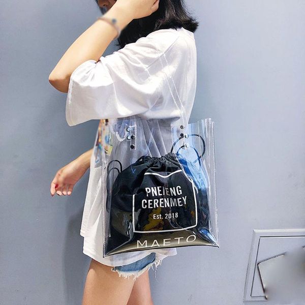 

hand bags women summer fashion transparent shoulder bags letter solid color beach bag drawstring fresh handbag sac de plage j3