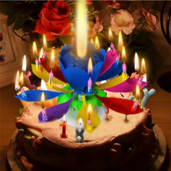 

1шт удивительные два слоя с 14 малый свечи лотос с днем рождения спин петь романтический музыкальный цветок партии зажигают свечи y200531