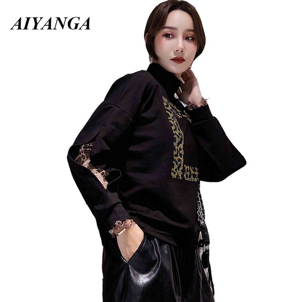 

2019 spring hoodies women sweatshirts patchwork leopard hollow long sleeve pullover sweatshirts womens moletons outerwear, Black