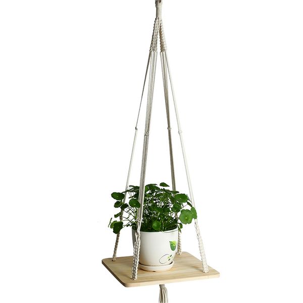 

wooden shelf home knotted decorative holder macrame flower pot vases wall garden plant hangers indoor vintage lifting rope
