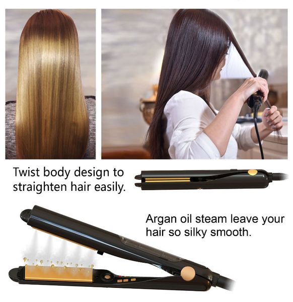 

tamax hs003 steam hair straightener curler flat iron professional argan oil infused hair treatment ceramic steam for hair straightening curl, Black