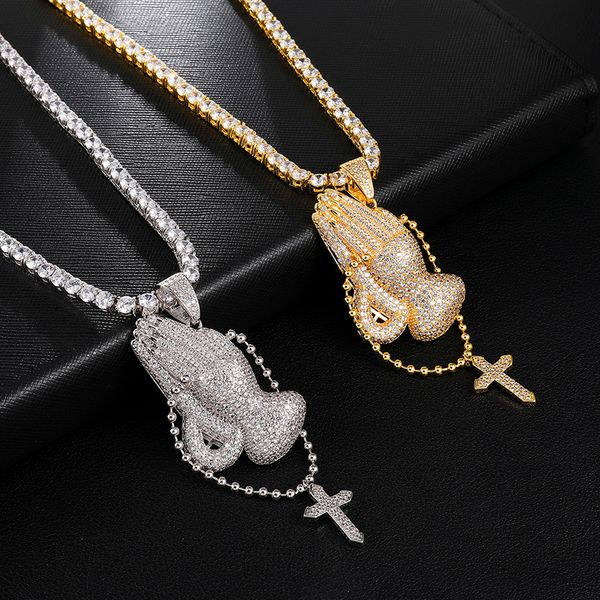 

us7 iced out praying hand pendant necklace with cross mens/women gold silver color hip hop charm jewelry necklace chain for gift