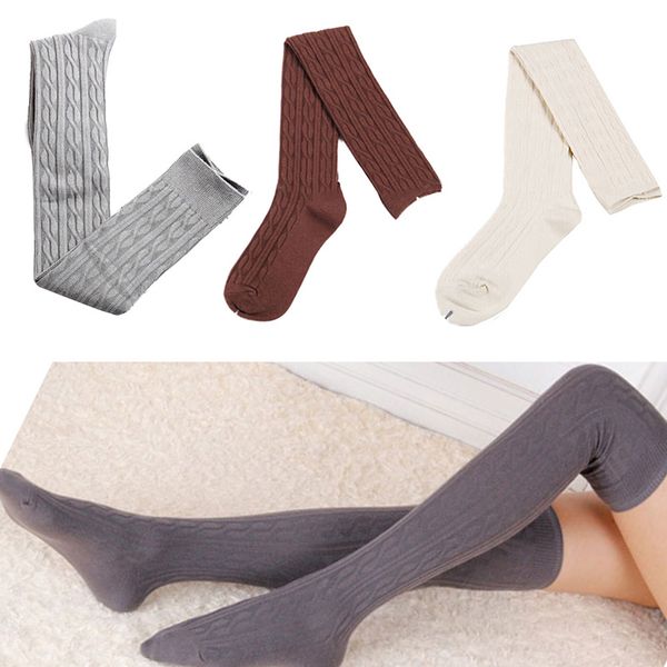 

2019 woman thigh high socks lady's wool braid over knee socks warm winter solid color wild sock cute, Black;white