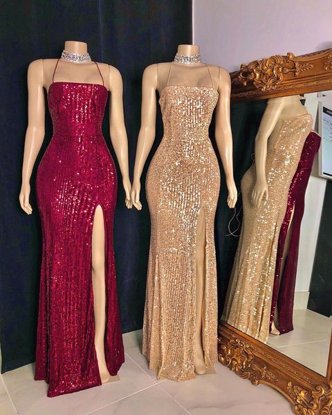 

2020 sexy русалка пром платья спагетти sequined открыть назад вечерние платья дешевые плюс размер african формальное платье партии bc3985, Black