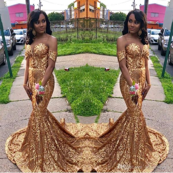 

reflective gold sequins prom dresses 2019 african mermaid off the shoulder prom gowns sweep strain formal evening party dress plus size, Black