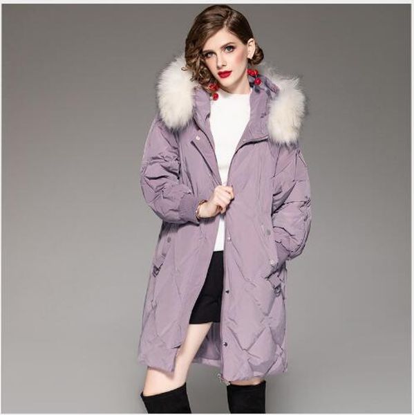 

women down coat 2018 new winter loose big fur collar white duck down hooded snow parka female casual warm long section jacket, Black